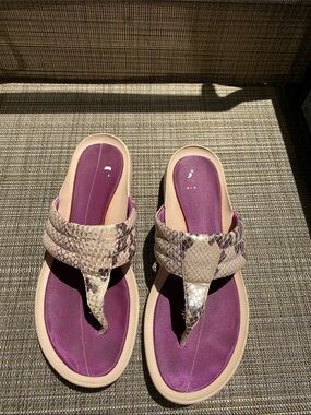 Women’s Purple Footbed Snake-Print Thong Sandals with Neutral Straps